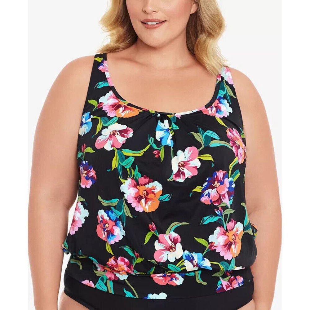 Swim Solutions Plus Size Flower Shirred Blouson Tankini Top Swim Size 20W 20 W